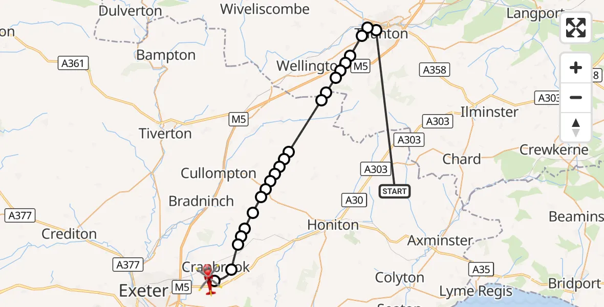 Flight route Air Ambulance Helicopter Stockland - Exeter International Airport, 17 October 2026, 00:14