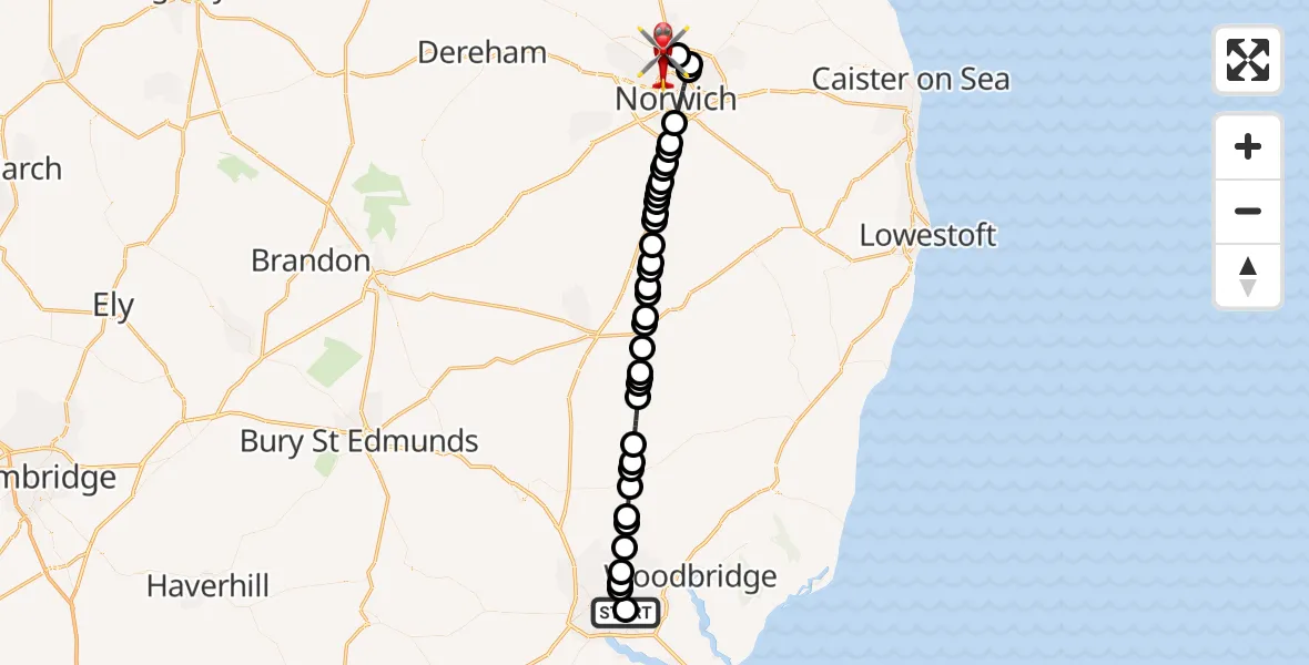 Flight route Air Ambulance Helicopter Ipswich Hospital - Norwich Airport, 17 October 2026, 00:21