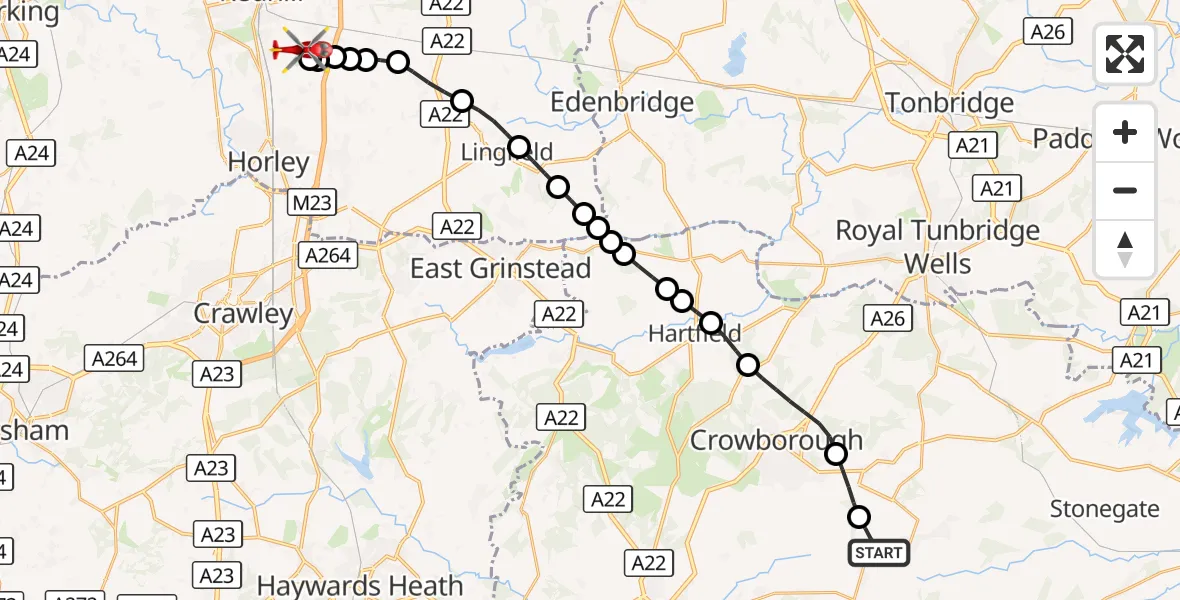 Flight route Air Ambulance Helicopter Five Ashes - Redhill Aerodrome, 17 October 2026, 00:48