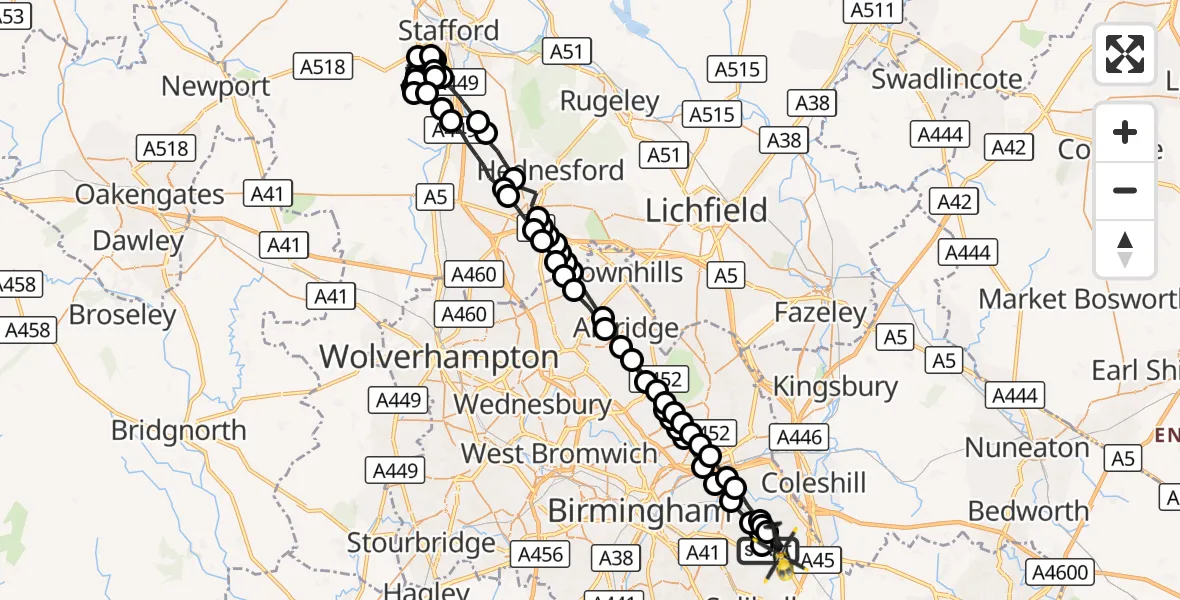 Flight route Police Helicopter Birmingham Airport - Birmingham Airport, 17 October 2026, 01:04
