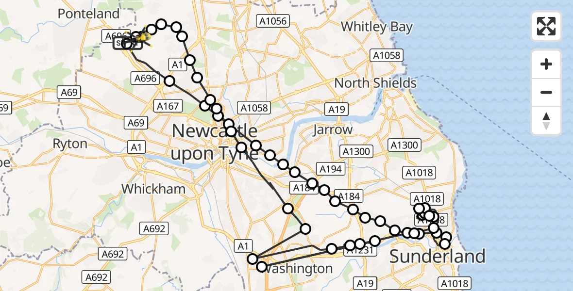 Flight route Police Helicopter Newcastle International Airport - Newcastle International Airport, 17 October 2026, 01:04