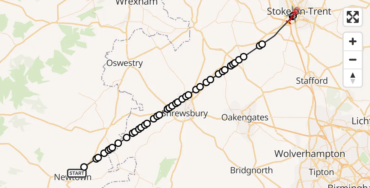 Flight route Air Ambulance Helicopter Newtown - University Hospital North Staffs, 17 October 2026, 01:35