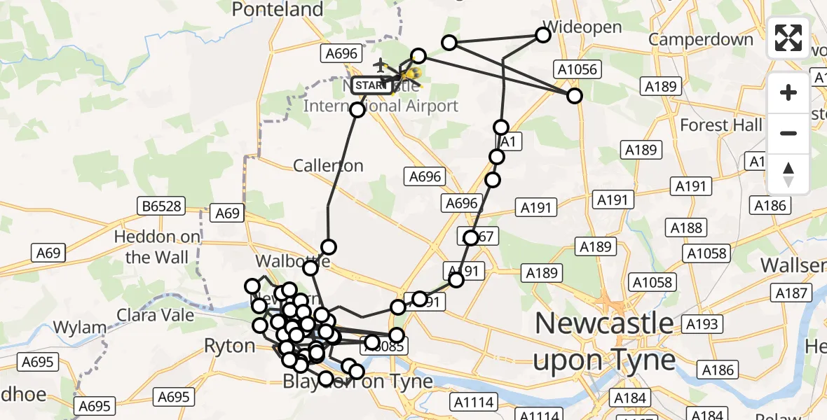 Flight route Police Helicopter Newcastle International Airport - Newcastle International Airport, 17 October 2026, 02:01