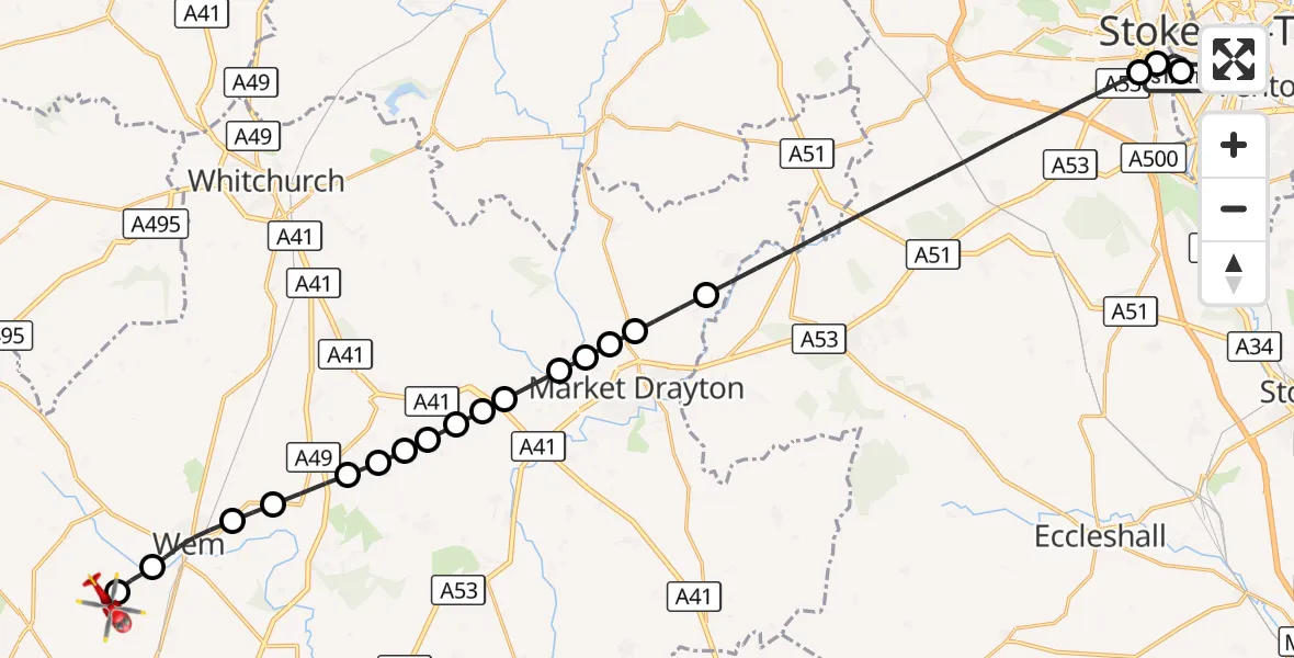 Flight route Air Ambulance Helicopter University Hospital North Staffs - Sleap Airfield, 17 October 2026, 02:53