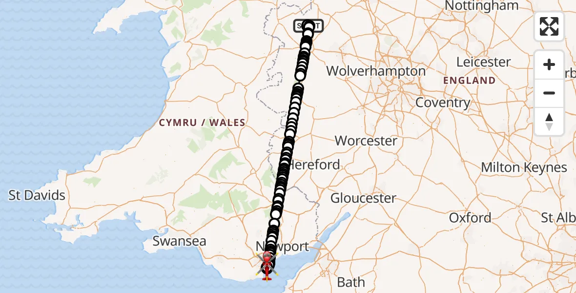 Flight route Air Ambulance Helicopter Loppington - Cardiff Heliport, 17 October 2026, 03:29