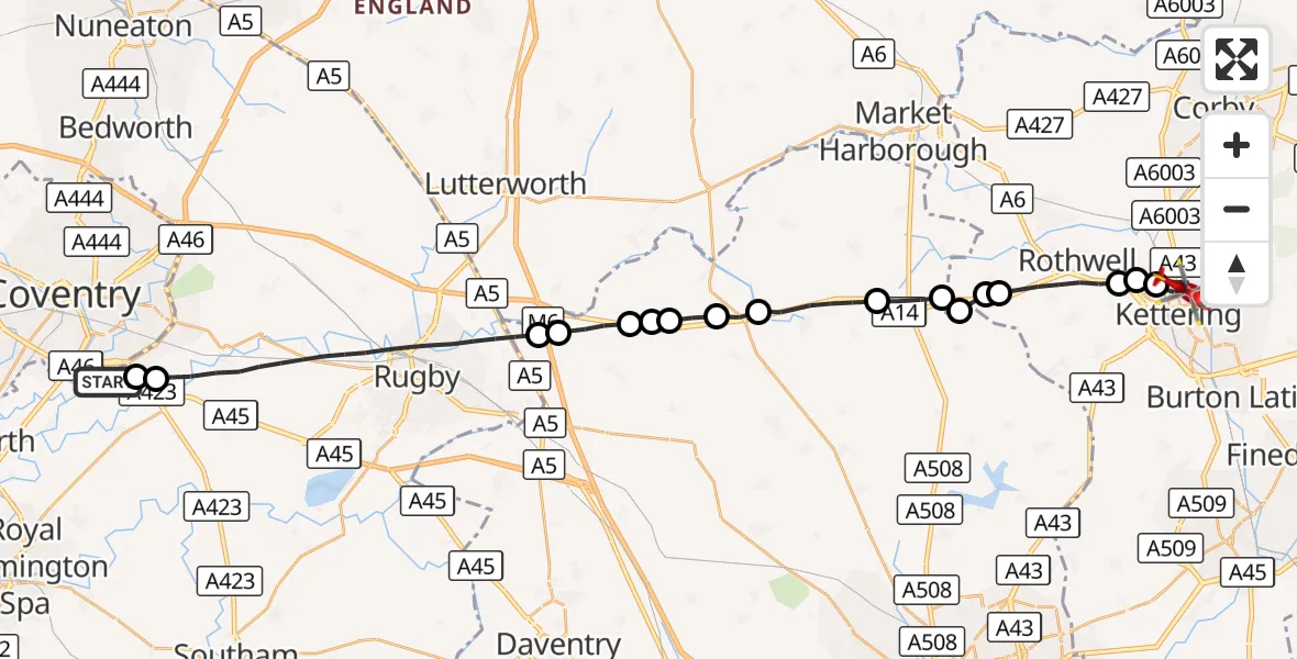 Flight route Air Ambulance Helicopter Coventry Airport - Kettering, 17 October 2026, 06:45