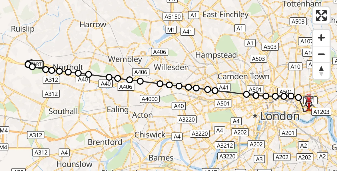 Flight route Air Ambulance Helicopter RAF Northolt - Royal London Hospital, 17 October 2026, 07:02