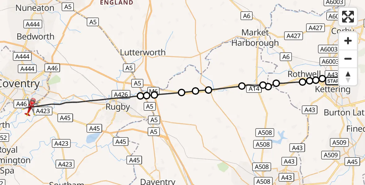 Flight route Air Ambulance Helicopter Kettering - Coventry Airport, 17 October 2026, 07:41