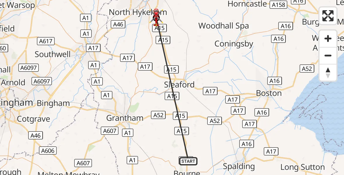 Flight route Air Ambulance Helicopter Morton - North Kesteven, 17 October 2026, 08:17