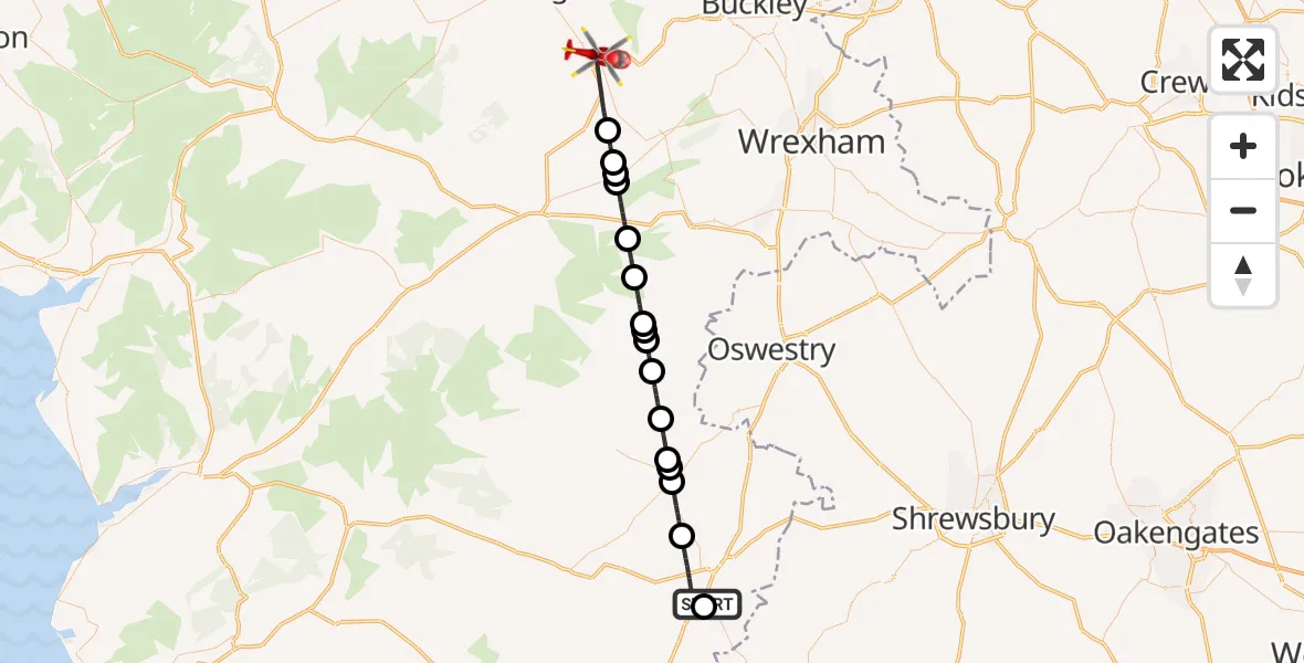 Flight route Air Ambulance Helicopter Welshpool Airport - Ruthin, 17 October 2026, 08:29