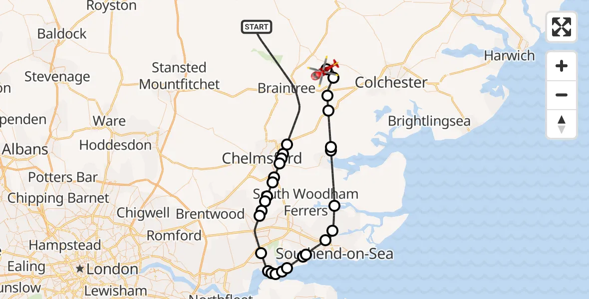 Flight route Air Ambulance Helicopter Braintree - Earls Colne Airfield, 17 October 2026, 08:35