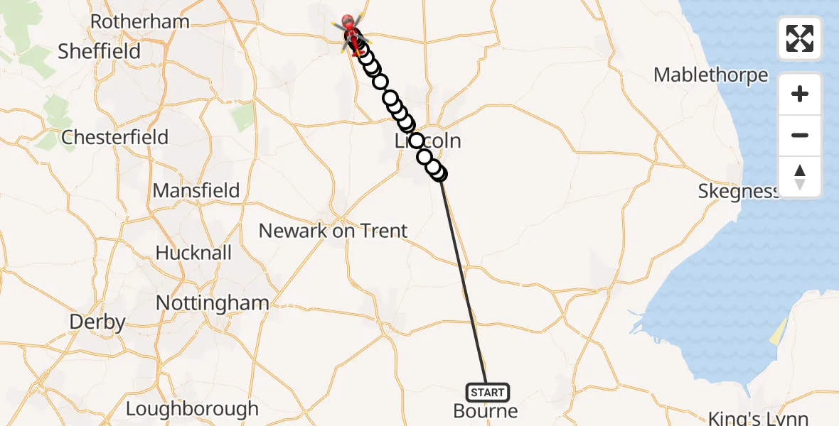 Flight route Air Ambulance Helicopter Morton - Gainsborough CP, 17 October 2026, 08:45