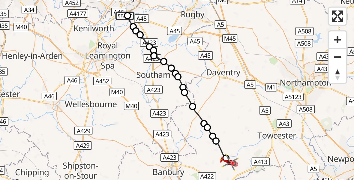 Flight route Air Ambulance Helicopter Coventry Airport - Helmdon, 17 October 2026, 09:02