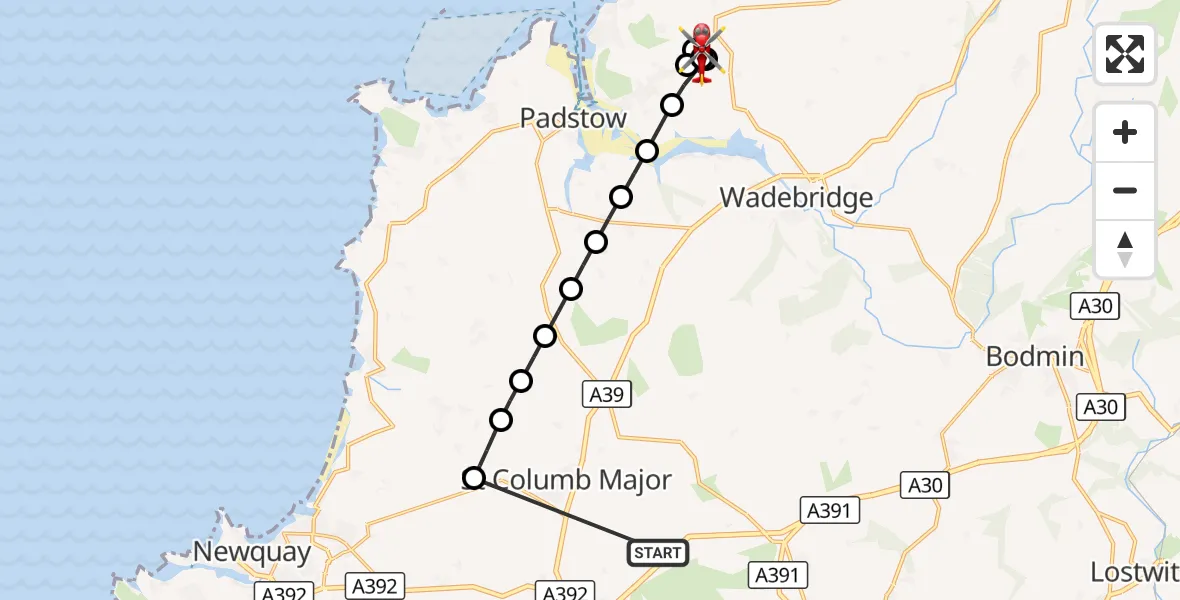 Flight route Air Ambulance Helicopter St. Columb Major - Wadebridge, 17 October 2026, 09:10