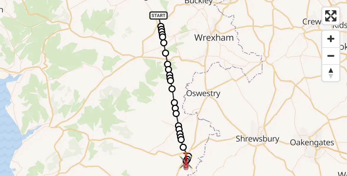 Flight route Air Ambulance Helicopter Ruthin - Welshpool Airport, 17 October 2026, 09:32