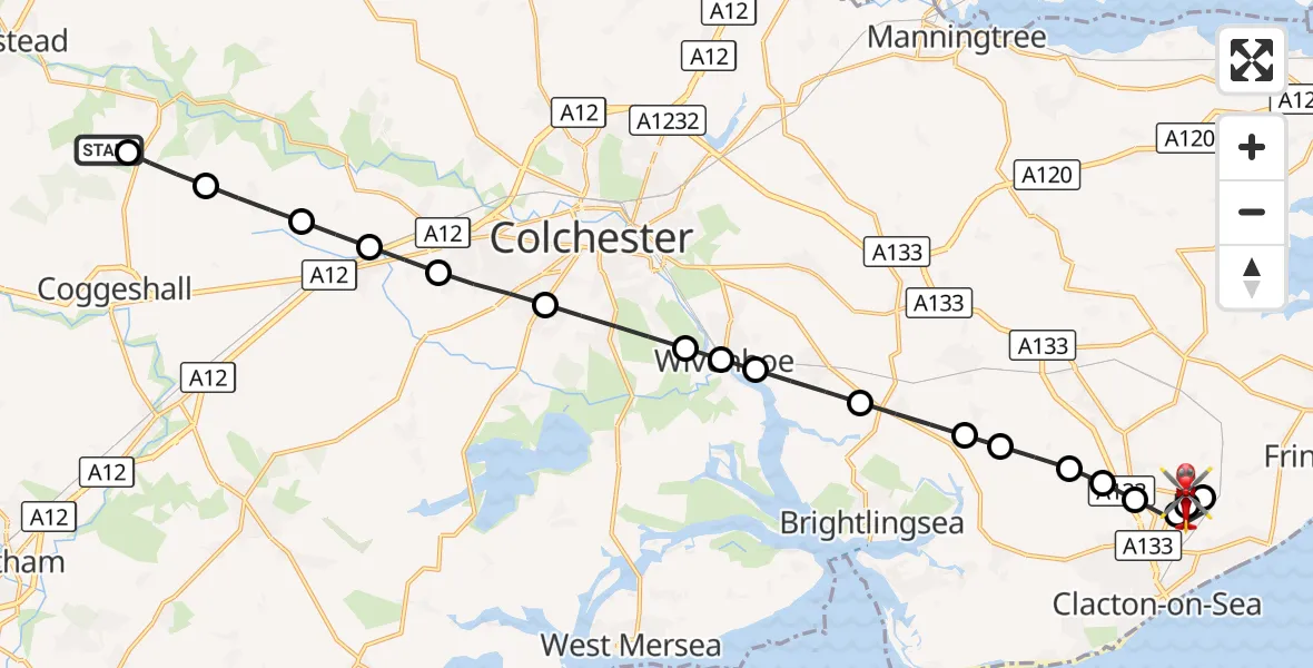 Flight route Air Ambulance Helicopter Earls Colne Airfield - Tendring, 17 October 2026, 09:42