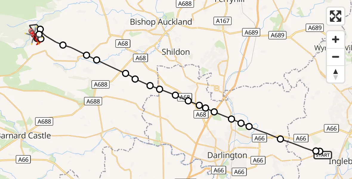 Flight route Air Ambulance Helicopter Egglescliffe - Woodland, 17 October 2026, 09:52