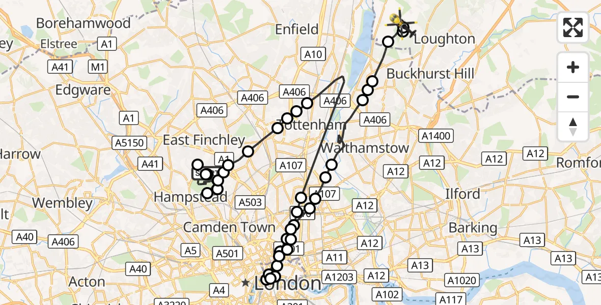 Flight route Police Helicopter Highgate - Metropolitan Police Air Support Unit Lippitts Hill, 17 October 2026, 09:54
