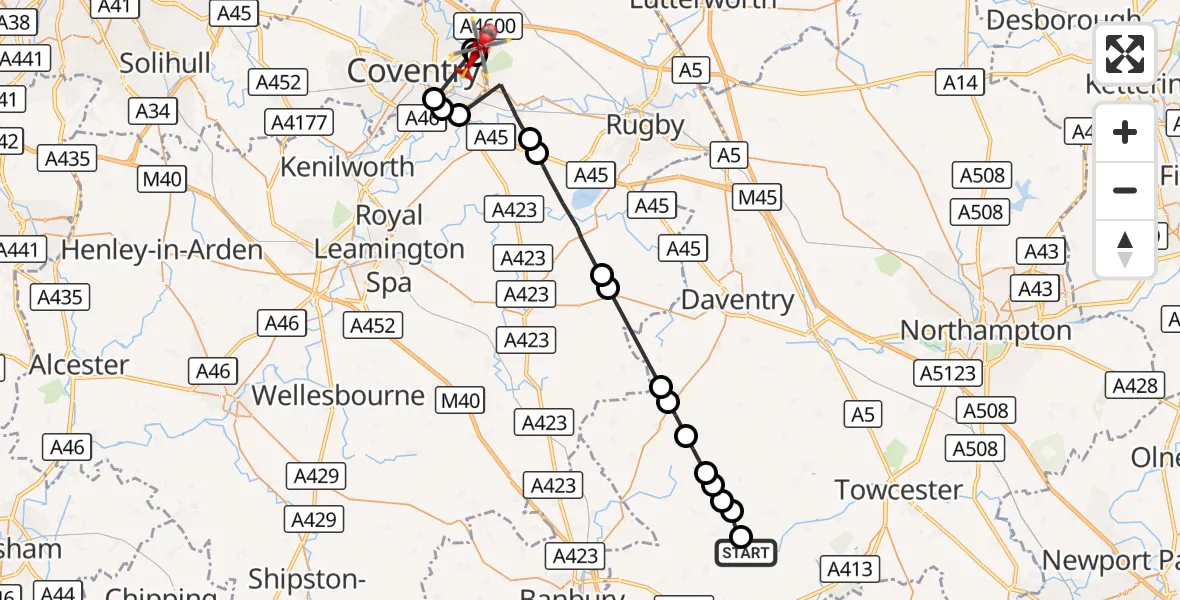 Flight route Air Ambulance Helicopter Helmdon - Walsgrave, 17 October 2026, 10:01