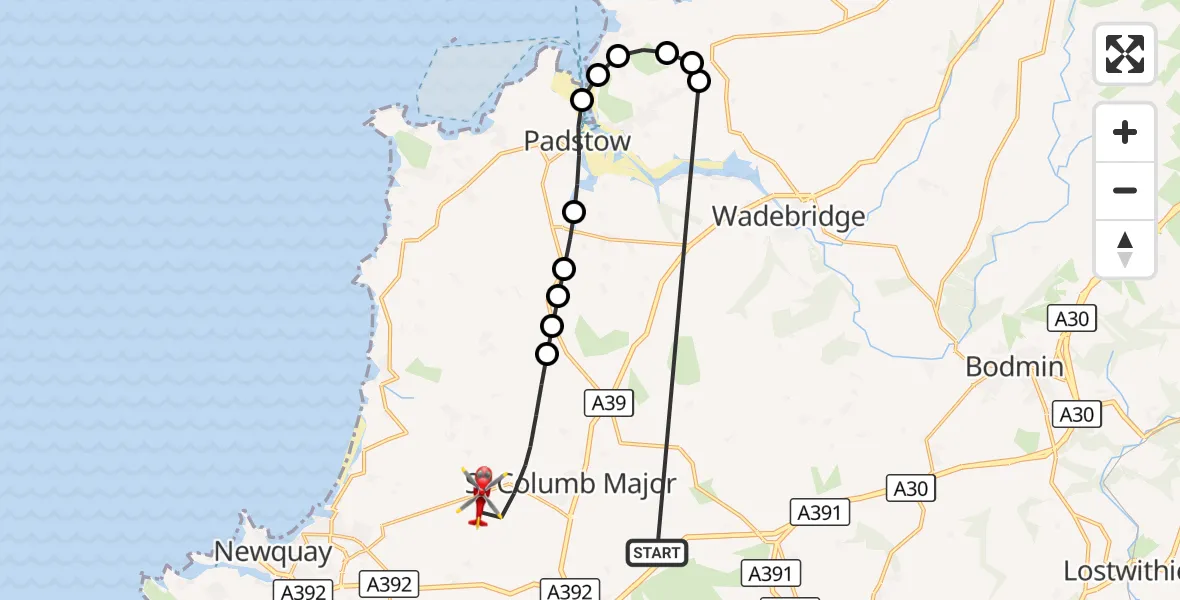 Flight route Air Ambulance Helicopter St. Columb Major - Cornwall Airport Newquay, 17 October 2026, 10:16