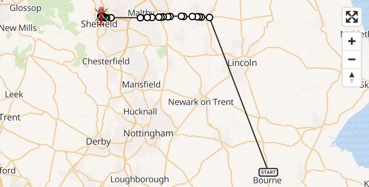 Flight route Air Ambulance Helicopter Morton - Sheffield Northern Hospital, 17 October 2026, 10:19