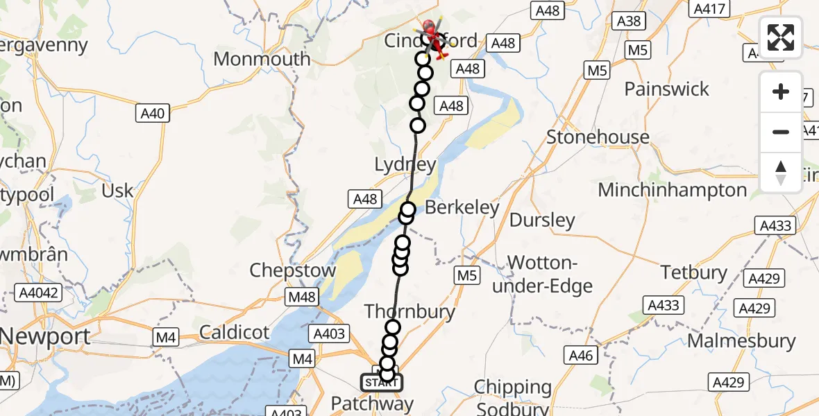 Flight route Air Ambulance Helicopter Almondsbury Helicopter Base - Cinderford, 17 October 2026, 10:31