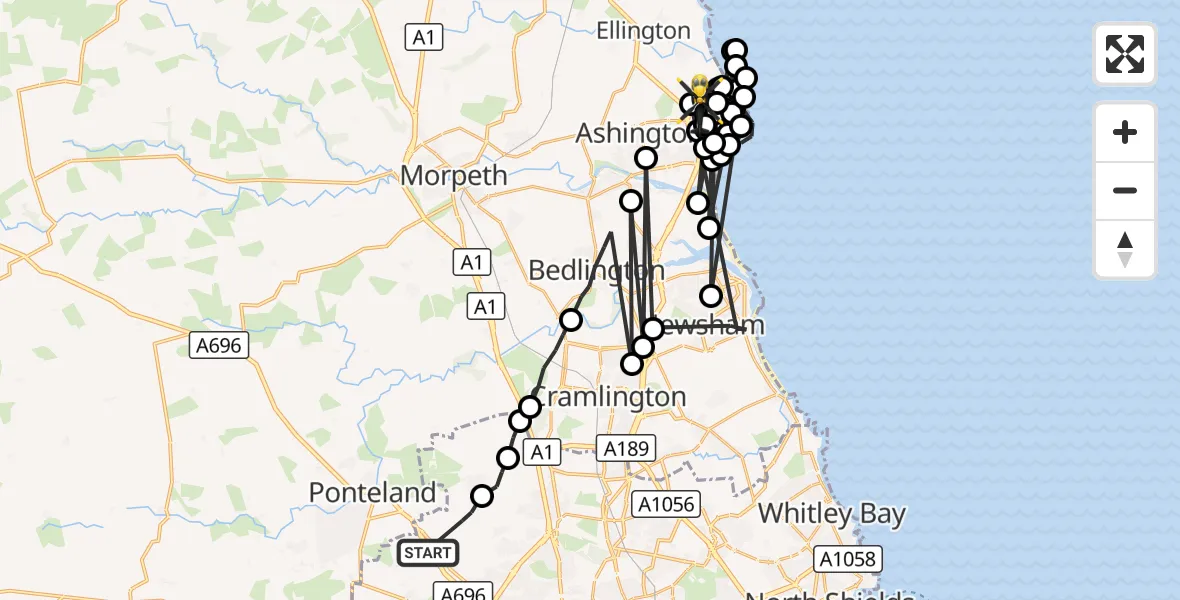Flight route Police Helicopter Newcastle International Airport - Woodhorn, 17 October 2026, 10:43