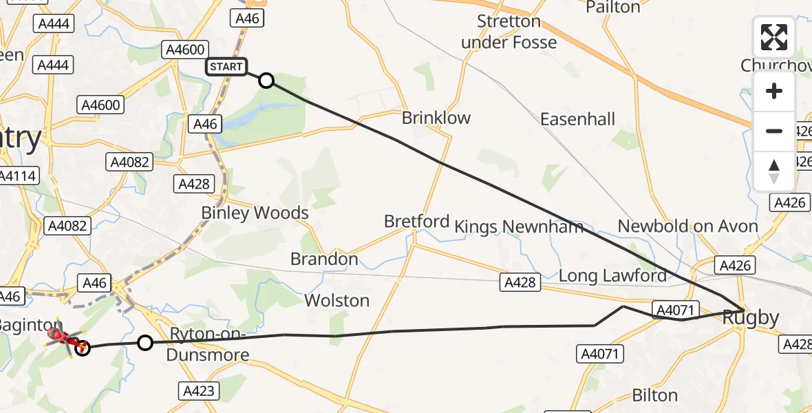 Flight route Air Ambulance Helicopter University Hospital Coventry - Coventry Airport, 17 October 2026, 10:45