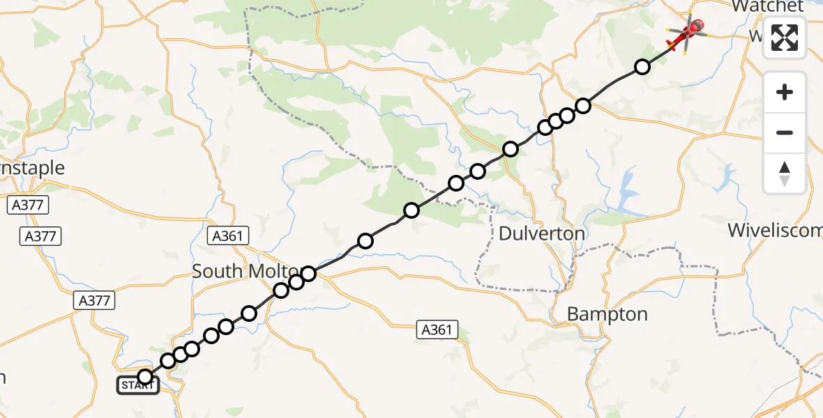 Flight route Air Ambulance Helicopter North Devon - Withycombe, 17 October 2026, 11:00