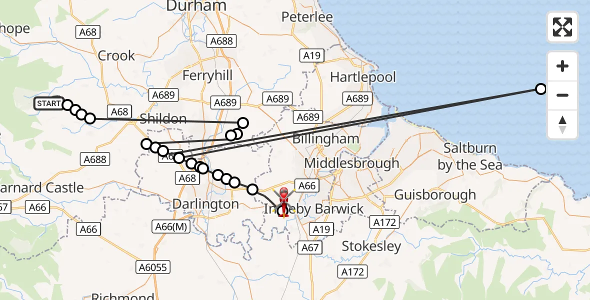 Flight route Air Ambulance Helicopter South Bedburn - Egglescliffe, 17 October 2026, 11:06