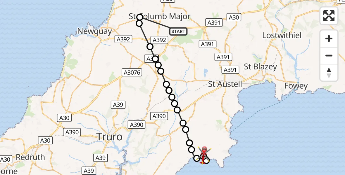 Flight route Air Ambulance Helicopter St. Columb Major - Gorran Churchtown, 17 October 2026, 11:07