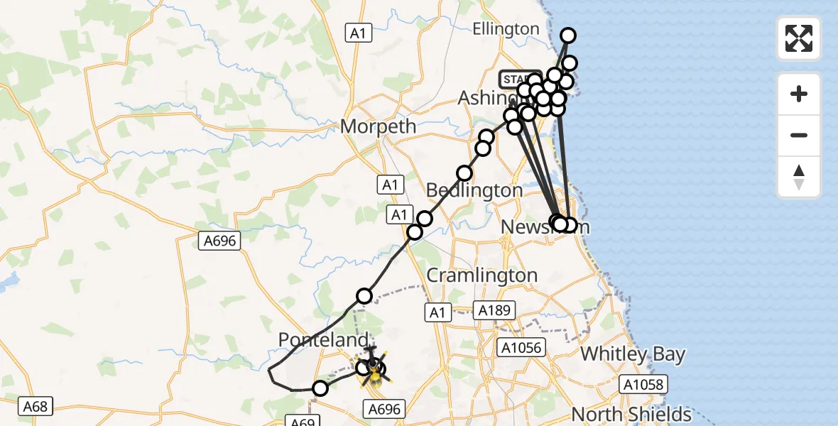 Flight route Police Helicopter Ashington - Newcastle International Airport, 17 October 2026, 11:12