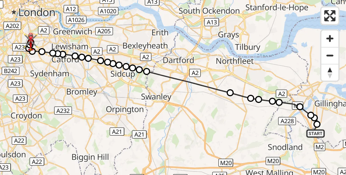 Flight route Air Ambulance Helicopter Rochester Airport - Kings College London Hospital, 17 October 2026, 11:15
