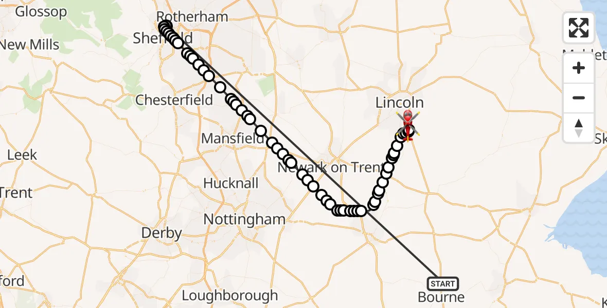 Flight route Air Ambulance Helicopter Morton - North Kesteven, 17 October 2026, 11:25