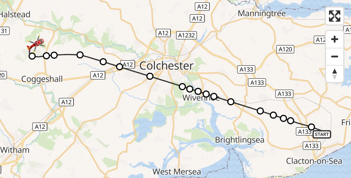 Flight route Air Ambulance Helicopter Tendring - Braintree, 17 October 2026, 11:30