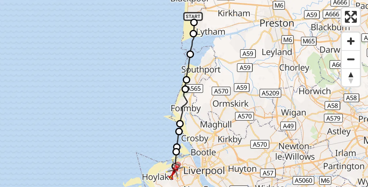 Flight route Air Ambulance Helicopter Blackpool Airport - Moreton, 17 October 2026, 11:43