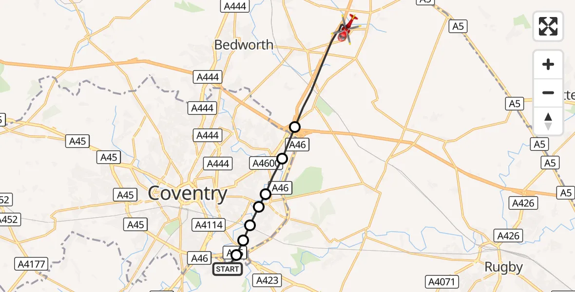 Flight route Air Ambulance Helicopter Coventry Airport - Rugby, 17 October 2026, 11:49