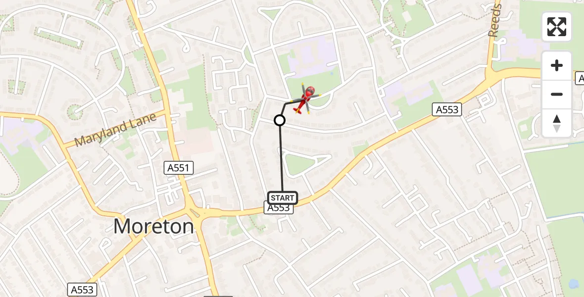 Flight route Air Ambulance Helicopter Moreton - Moreton, 17 October 2026, 11:57