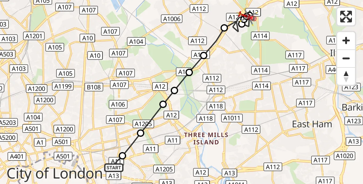 Flight route Air Ambulance Helicopter Royal London Hospital - Wanstead, 17 October 2026, 12:02