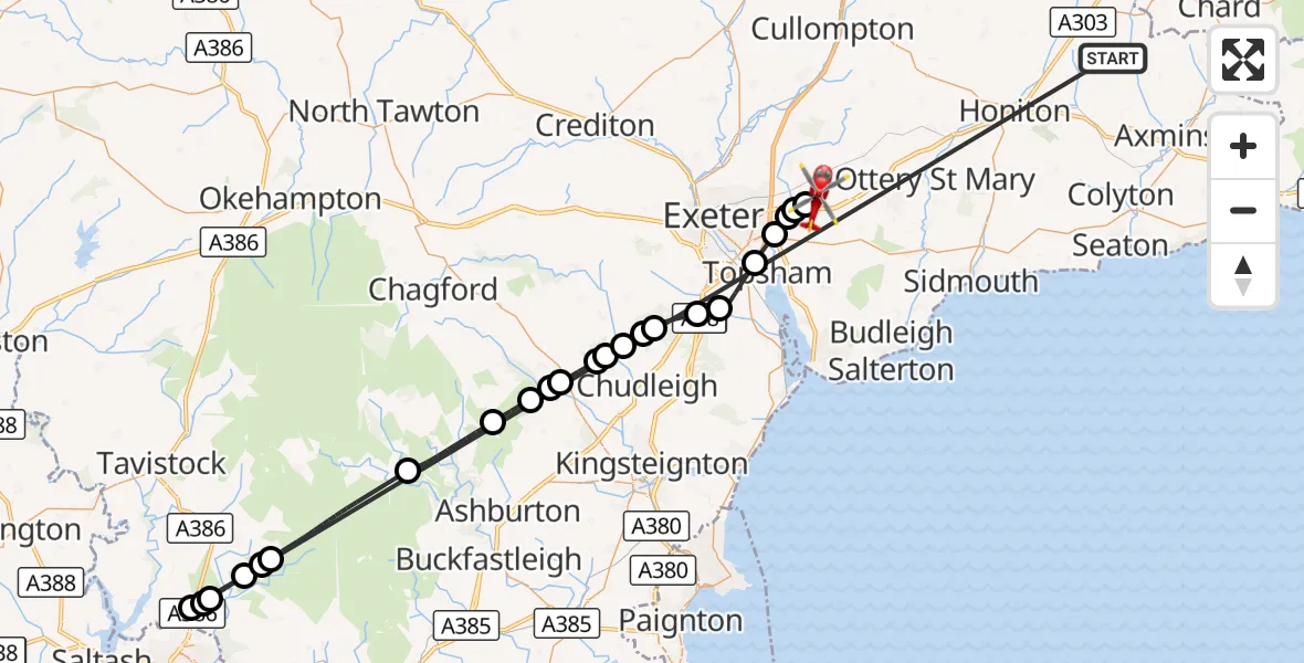 Flight route Air Ambulance Helicopter Stockland - Exeter International Airport, 17 October 2026, 12:03