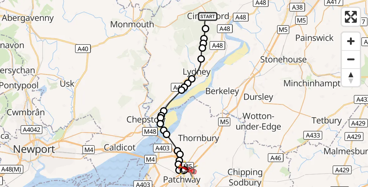 Flight route Air Ambulance Helicopter Cinderford - Almondsbury Helicopter Base, 17 October 2026, 12:04