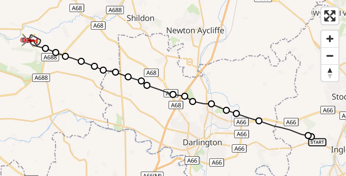 Flight route Air Ambulance Helicopter Egglescliffe - Cockfield, 17 October 2026, 12:05