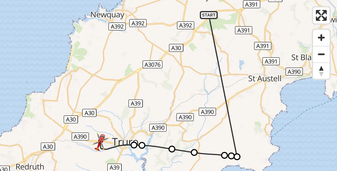 Flight route Air Ambulance Helicopter St. Columb Major - Treliske, 17 October 2026, 12:06