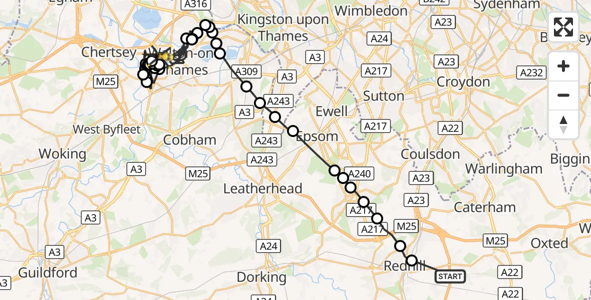 Flight route Police Helicopter Nutfield - Shepperton, 17 October 2026, 12:13