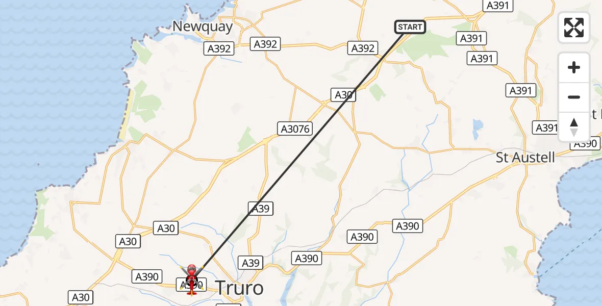 Flight route Air Ambulance Helicopter St. Columb Major - Treliske Hospital, 17 October 2026, 12:13