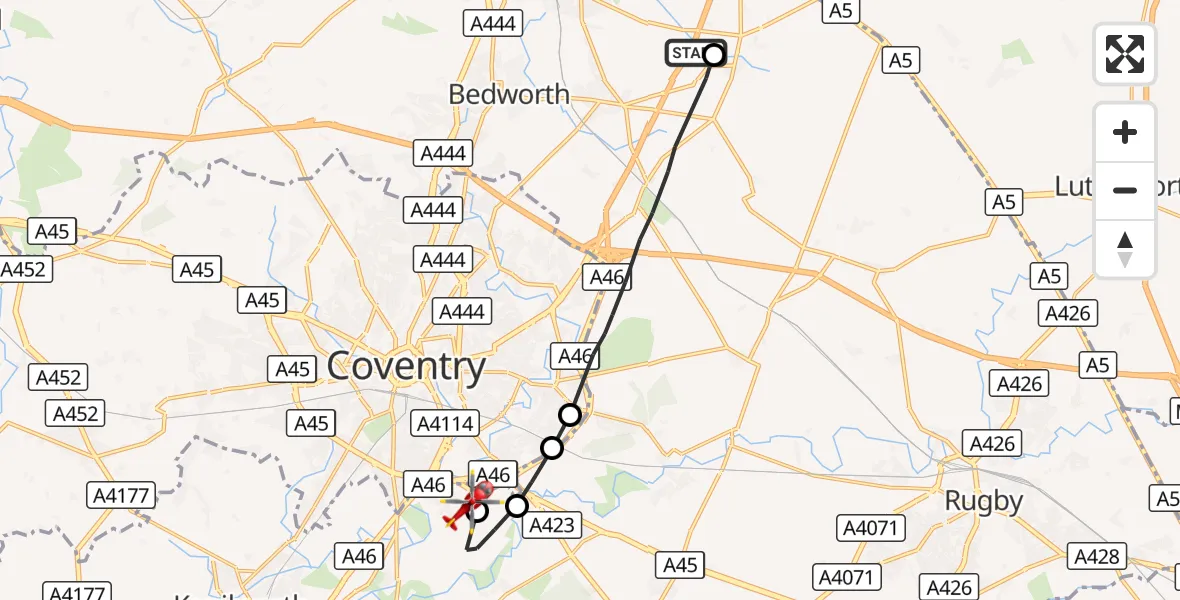 Flight route Air Ambulance Helicopter Rugby - Coventry Airport, 17 October 2026, 12:41