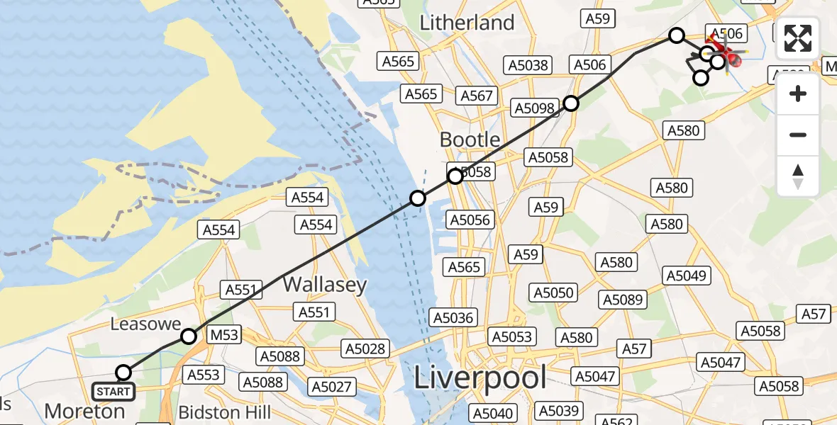 Flight route Air Ambulance Helicopter Moreton - Gillmoss, 17 October 2026, 12:42