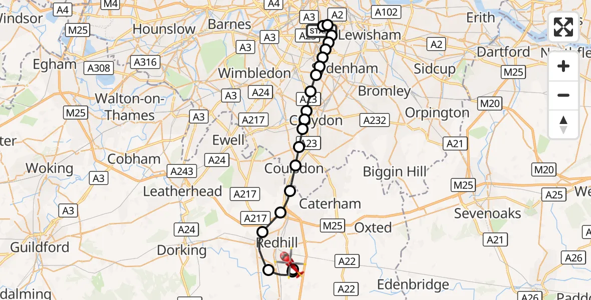 Flight route Air Ambulance Helicopter Kings College London Hospital - Redhill Aerodrome, 17 October 2026, 12:46
