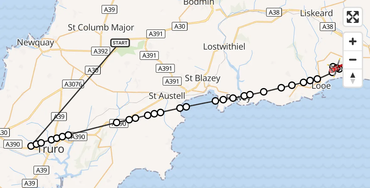 Flight route Air Ambulance Helicopter St. Columb Major - St. Martin-by-Looe, 17 October 2026, 12:53