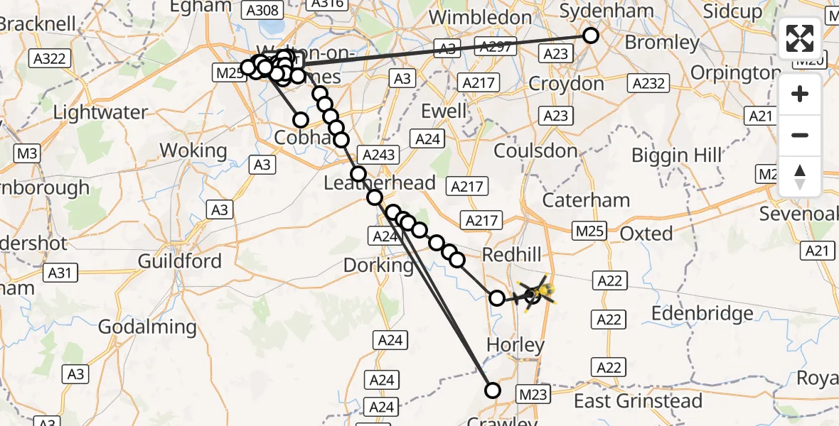 Flight route Police Helicopter Shepperton - Tandridge, 17 October 2026, 13:00